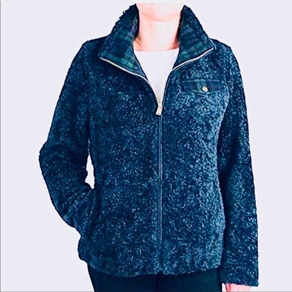 PENDLETON Coat Navy Blue Full Zip Teddy Jacket Wool Plaid Flannel Accents XL - Picture 1 of 15